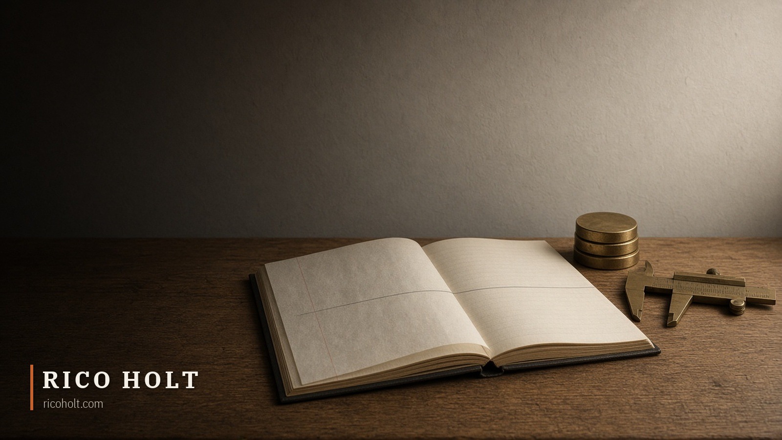 An open blank ledger on an old oak desk with a sheet of tracing paper over it and one pencil line drawn across both, beside a brass caliper and a short stack of plain brass discs under a brass desk lamp