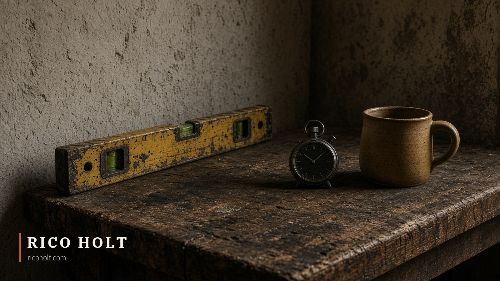 An old yellow spirit level, a black stopwatch and an ochre-toned ceramic mug on a worn timber workbench against a plain plaster wall