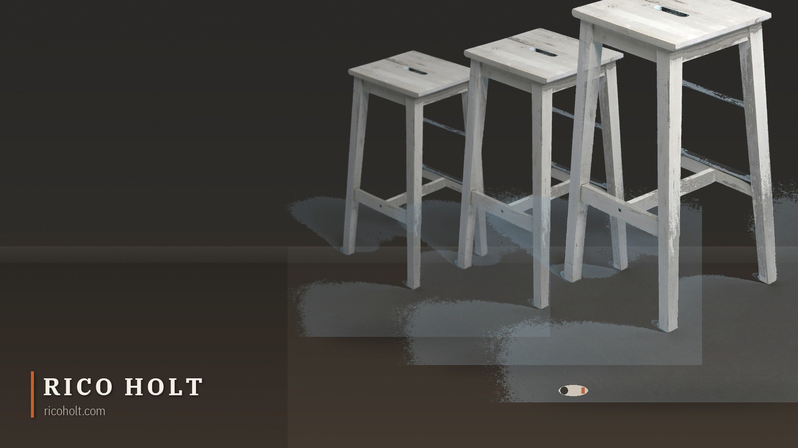Three white stools of rising height on a dark floor
