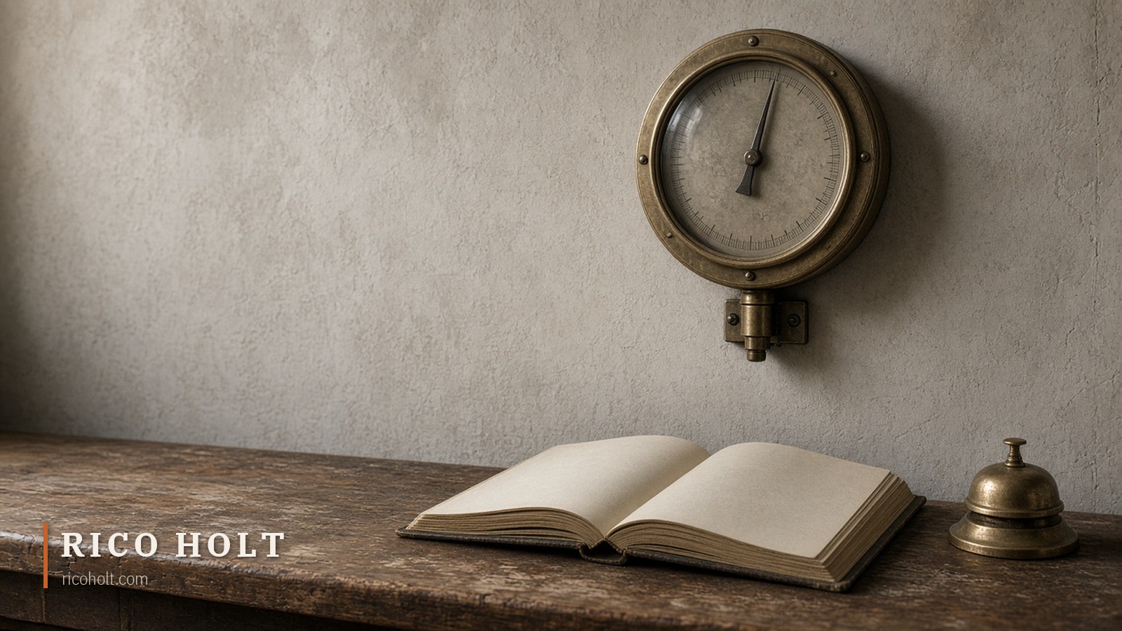 Old brass dial thermostat on a pale plaster wall above a worn oak counter with a clothbound ledger and a small brass hand bell