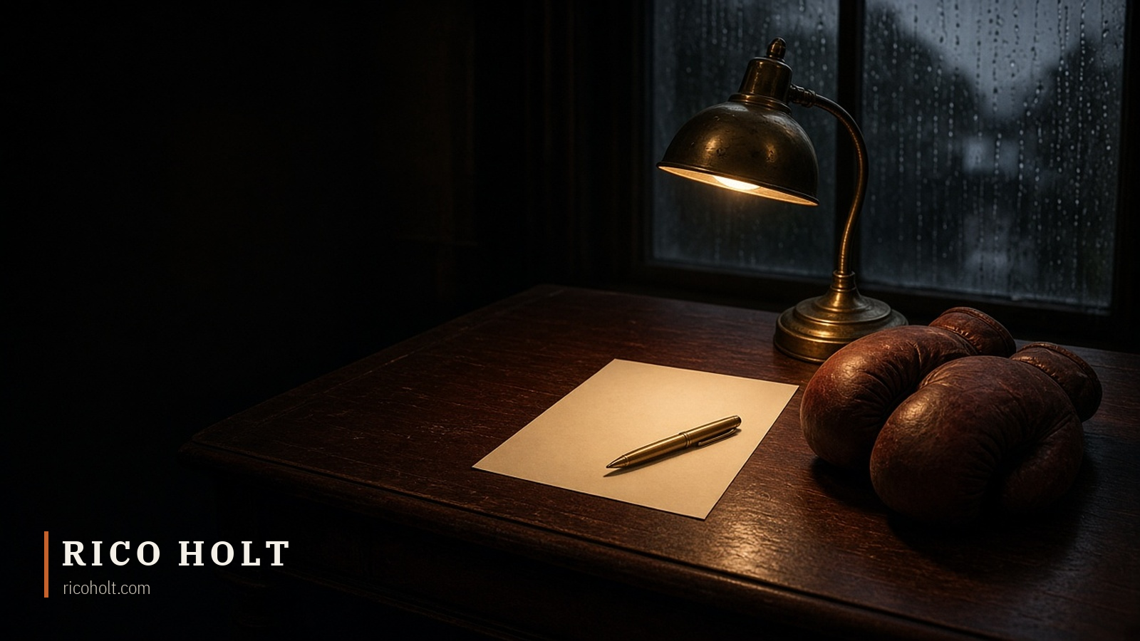 A brass desk lamp lighting a blank sheet of paper and a gold pen on a dark timber desk, with a worn pair of old leather boxing gloves beside it and rain on the window behind
