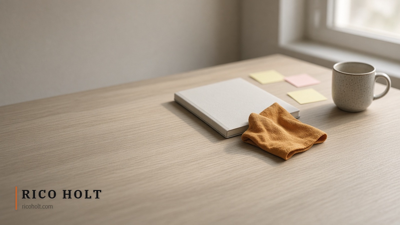 Pale desk with a closed notebook, blank sticky notes, a mug, and one ochre cloth