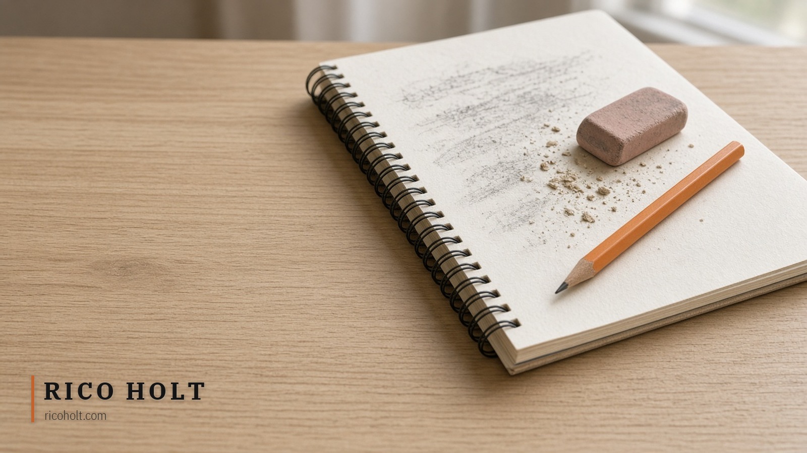Pale oak desk with an open notebook whose page has been rubbed out, an eraser, crumbs and one ochre pencil