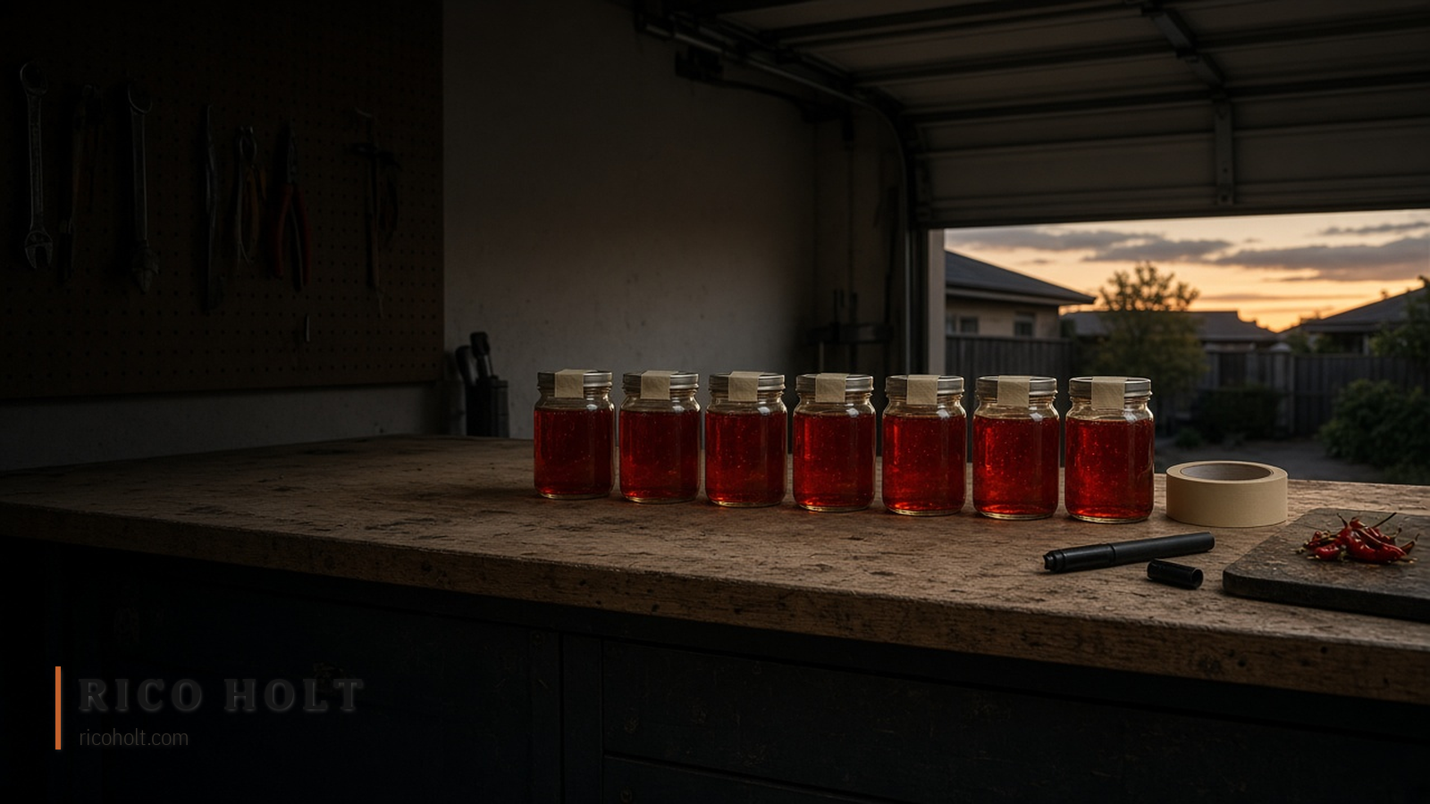 A suburban garage at dusk with the roller door half up: seven small clear jars of deep red chilli oil in a row on a worn timber bench, blank masking tape on each lid, a roll of tape and an uncapped marker beside them, and chilli tops on a chopping board