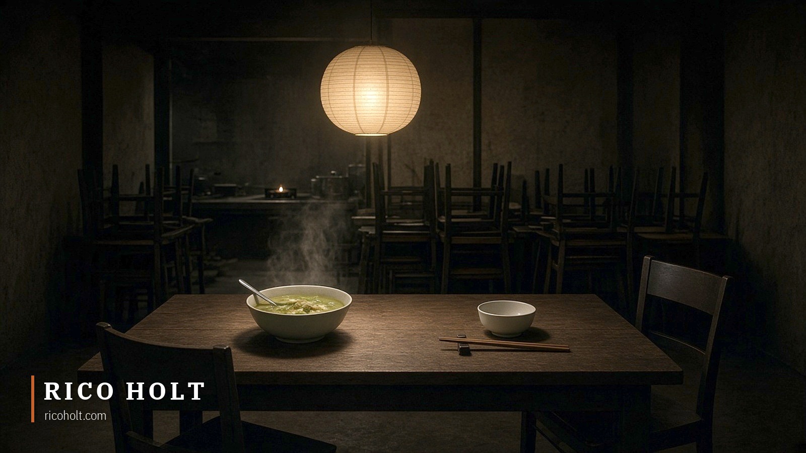 An empty Thai restaurant late at night, a steaming green curry on a table set for two, the far chair empty