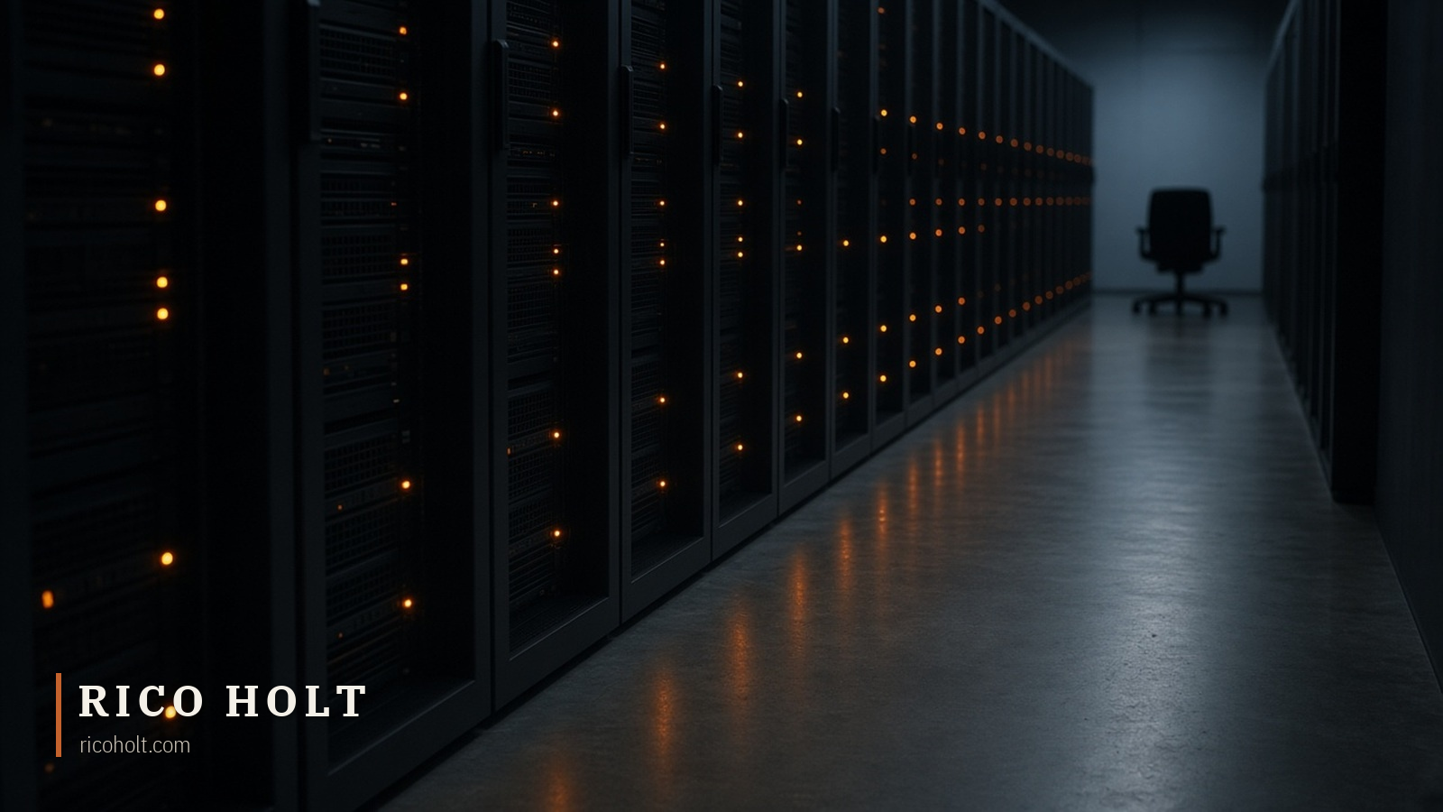 A dim server room at night: a long aisle of identical racks, each with small amber standby lights, reflections on a polished concrete floor, an empty office chair at the far end