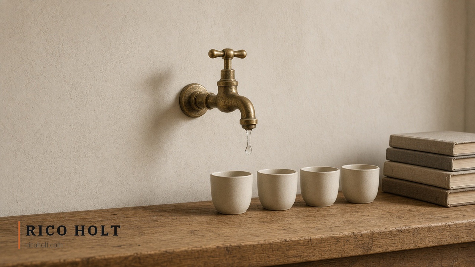 Brass water tap shut above empty ceramic cups and closed ledgers on a worn oak counter
