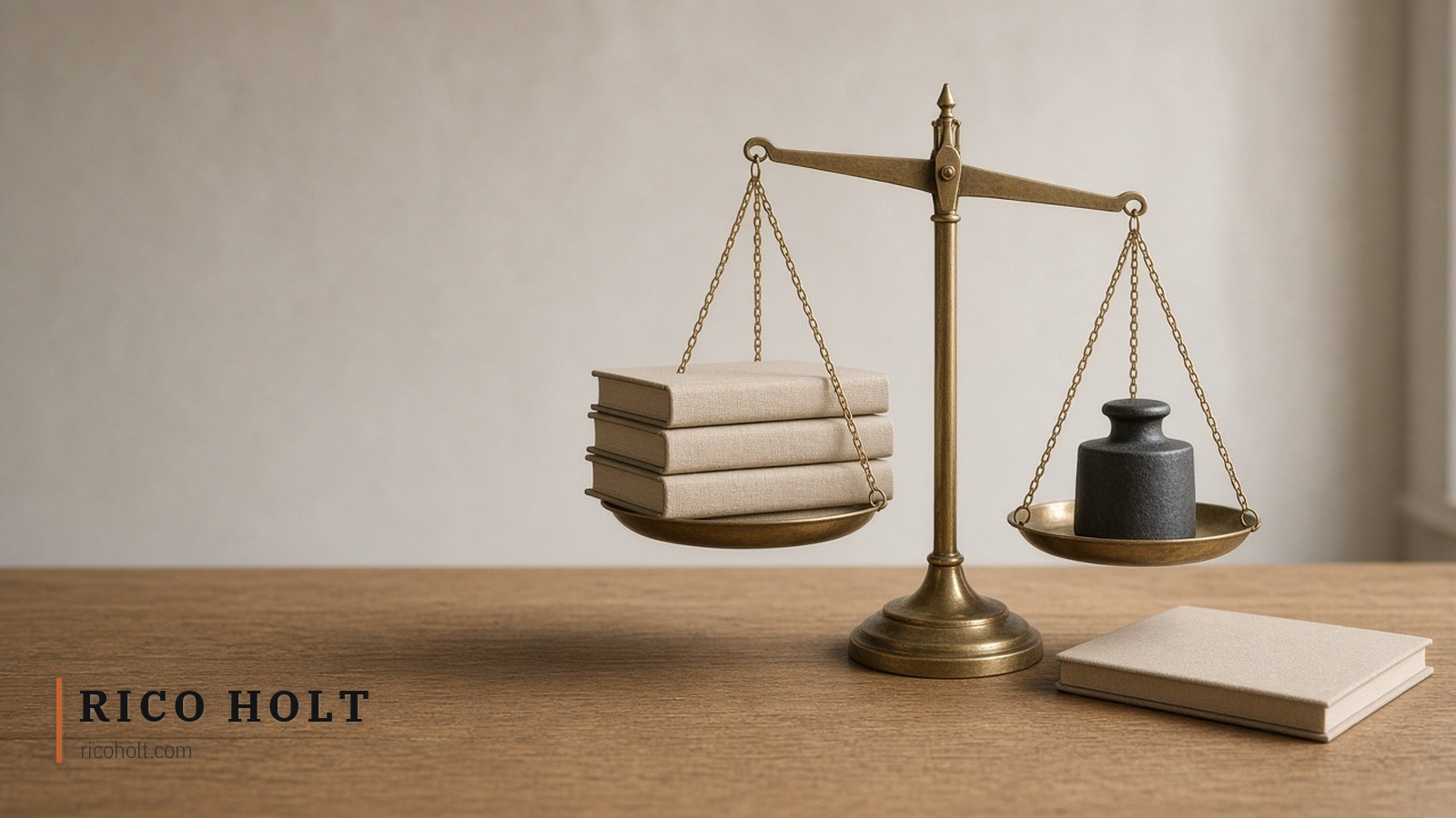 Brass balance scale tipped toward ledgers next to a closed budget folder on a wooden desk
