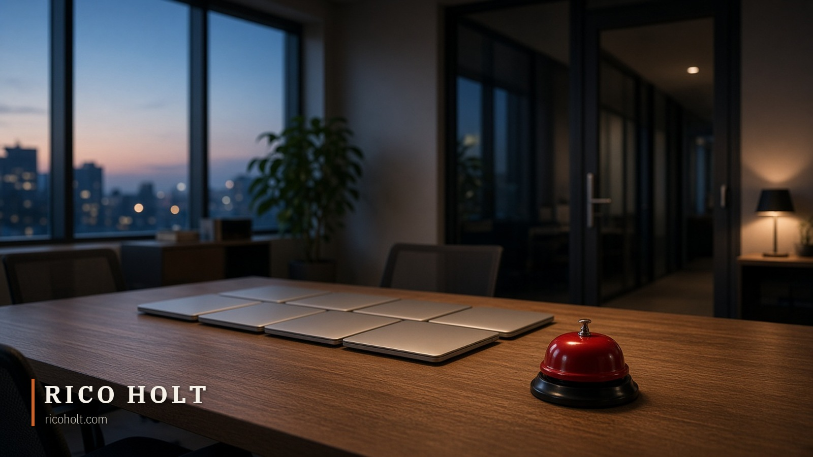 An empty open-plan office at dusk: a row of closed silver laptops huddled together on a long timber desk, an untouched red service bell in the foreground, a glass door to a dark corridor behind