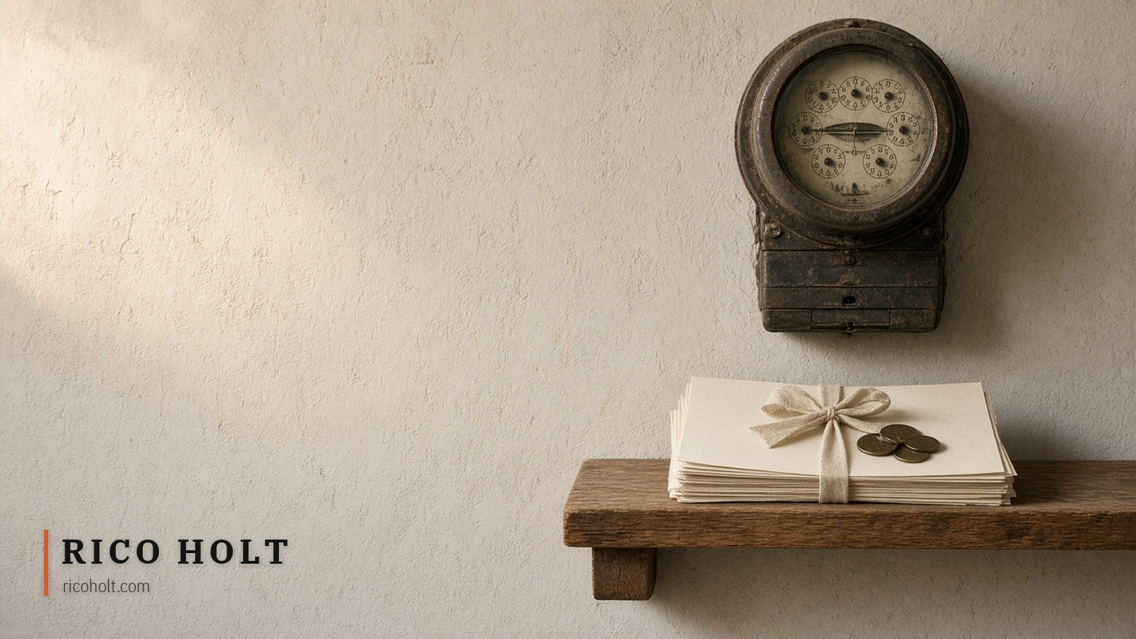 An old analogue electricity meter on a pale plaster wall above a stack of cream certificates tied with cloth tape, a few coins on top, on a worn timber shelf