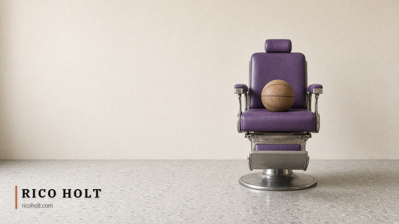 An empty barbershop on a quiet morning, one purple barber chair with a worn basketball resting on the seat
