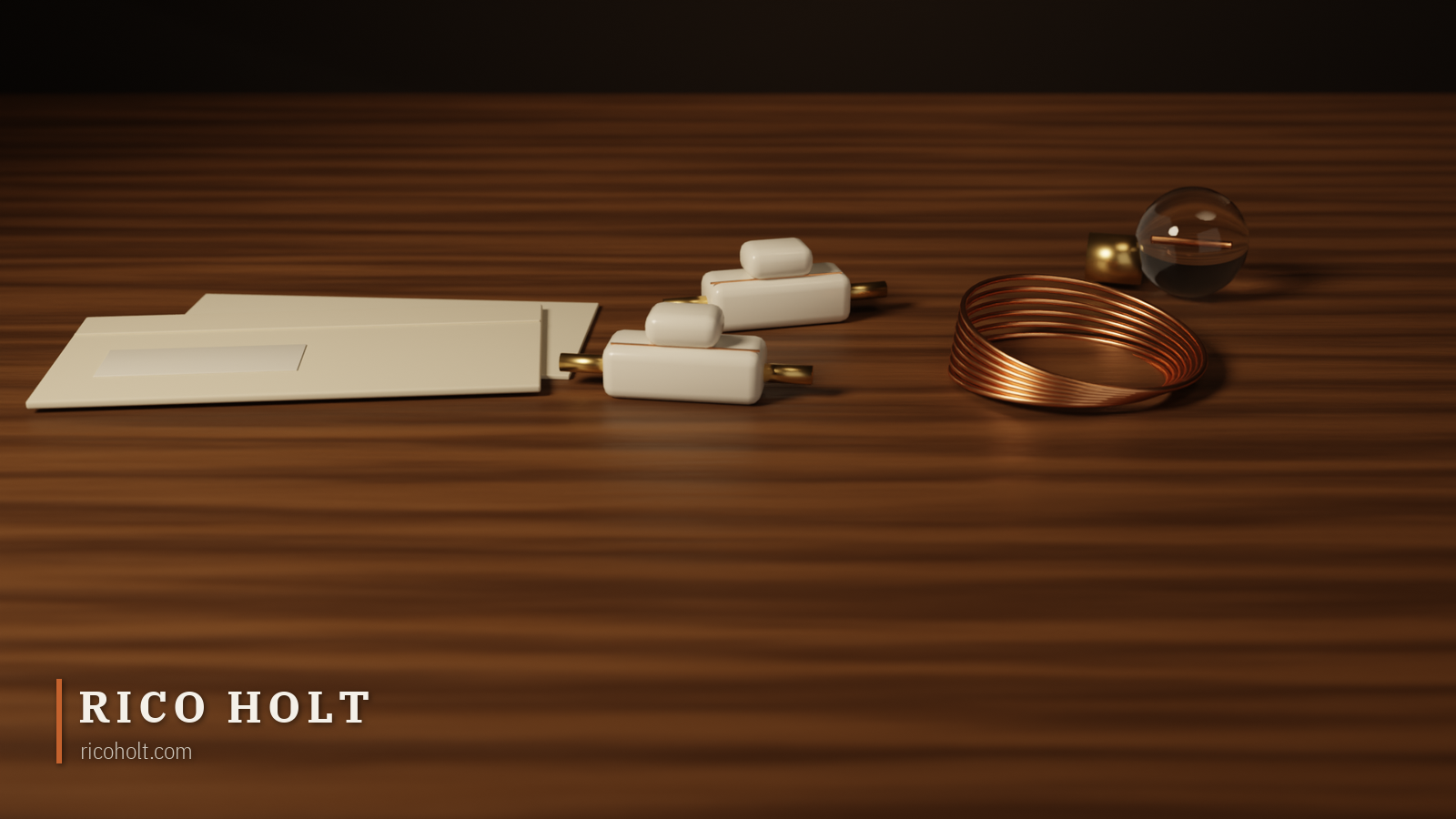 On a worn dark timber desk: a sealed plain window envelope over a folded blank sheet, two white ceramic rewireable switchboard fuse carriers with brass contacts, a loose coil of copper wire and an old clear incandescent bulb lying on its side