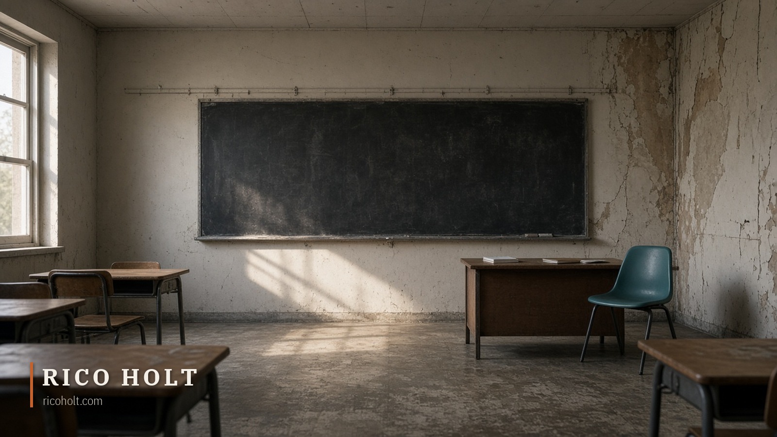 Empty classroom with a blank chalkboard, teacher's desk and muted teal chair off-centre right, late afternoon light from the left
