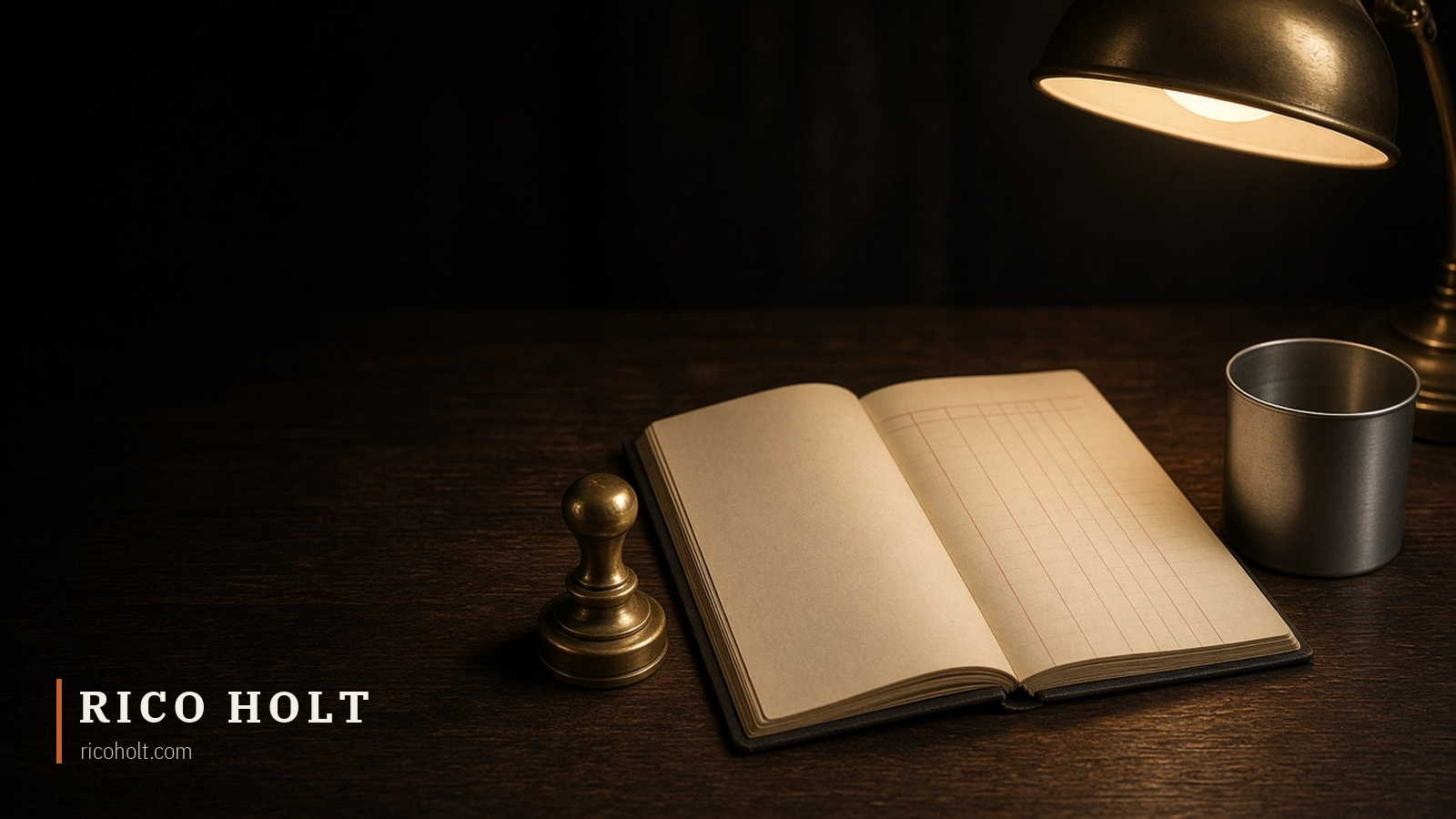 An open ledger with ruled columns under a brass desk lamp, beside an old brass rubber stamp and a plain tin cup on a worn dark timber desk