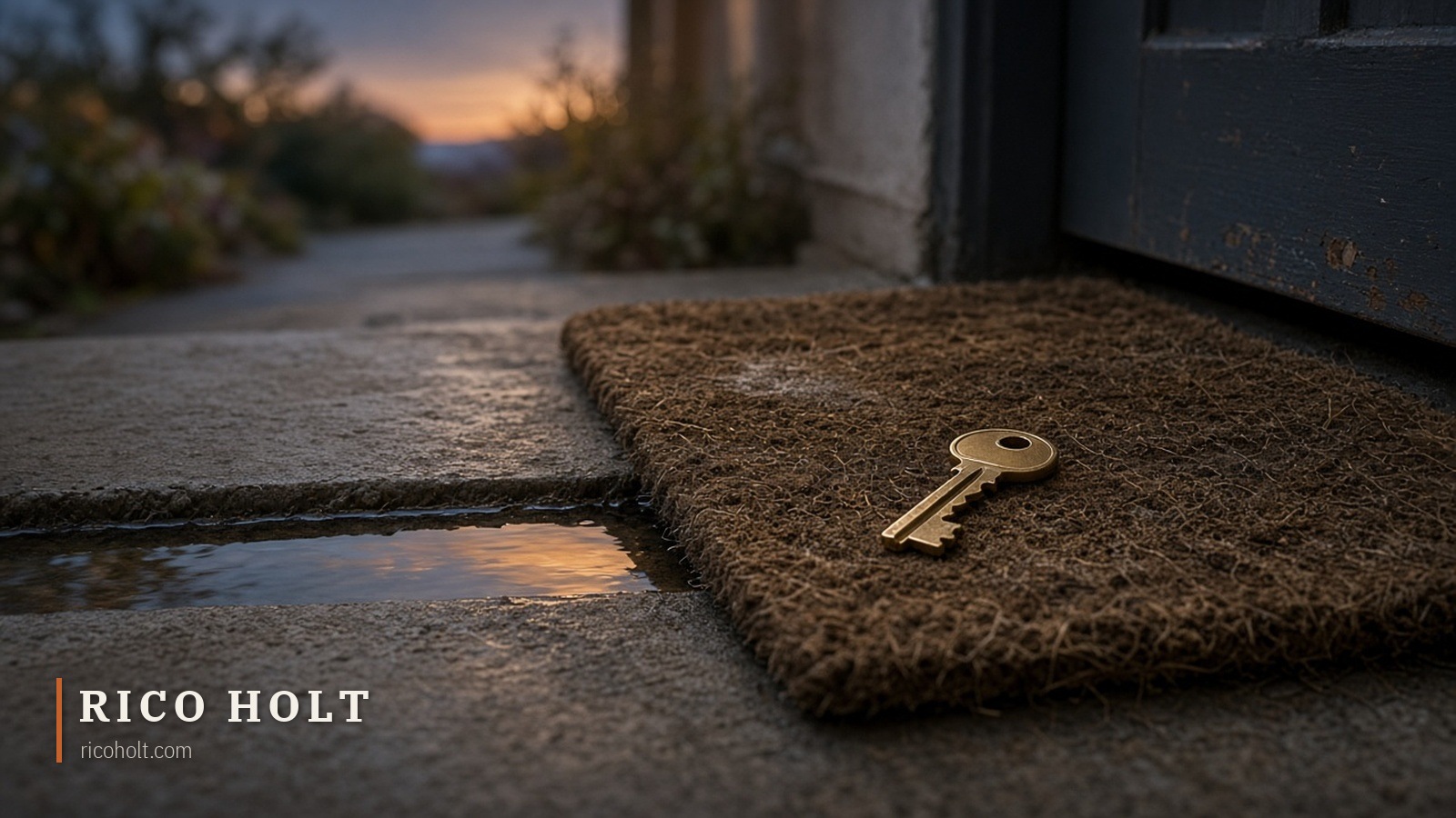 A single brass house key on a coir doormat at a closed front door at dusk, with a strip of rainwater on the concrete step