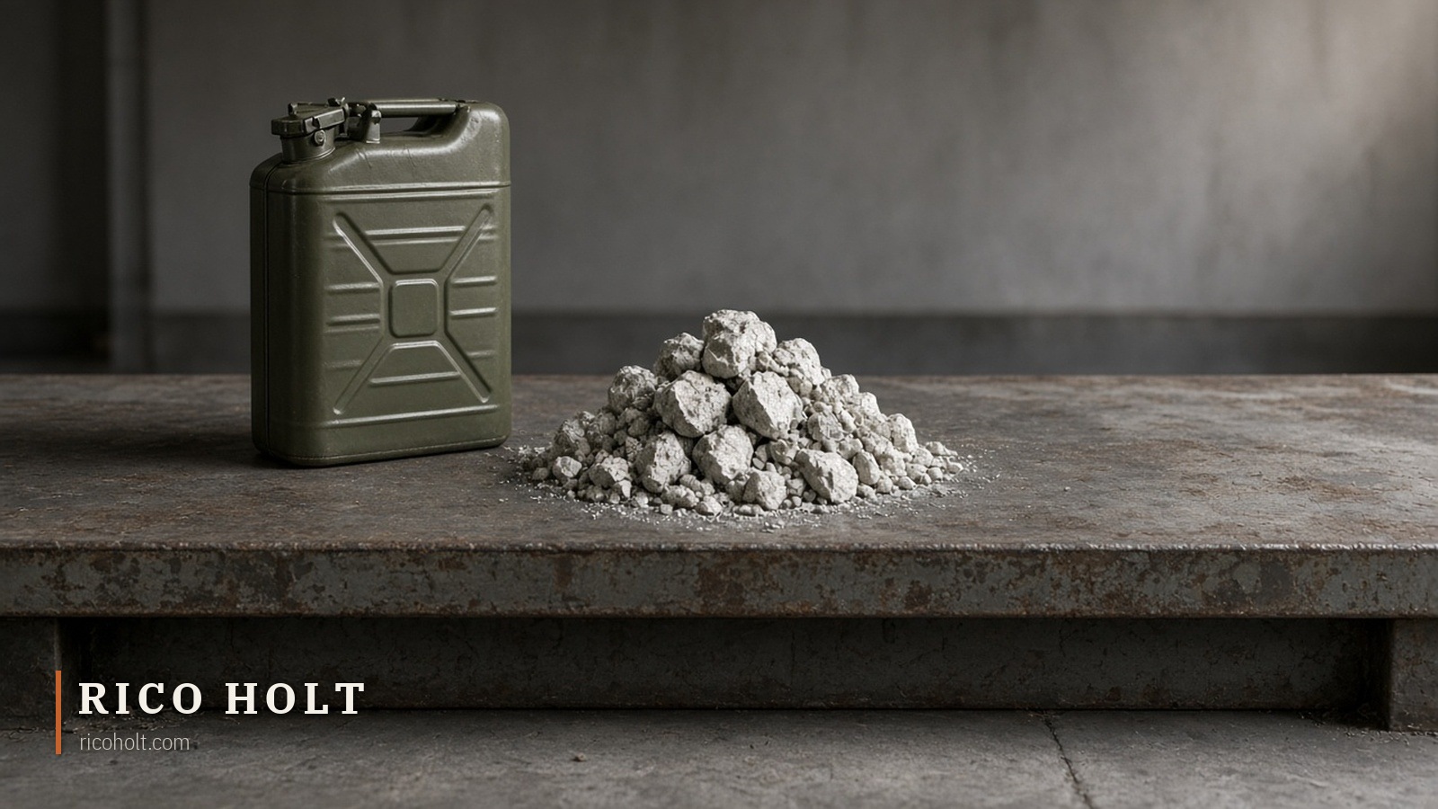 An olive-drab metal jerry can beside a pile of pale spodumene concentrate on a worn steel bench in cool warehouse light