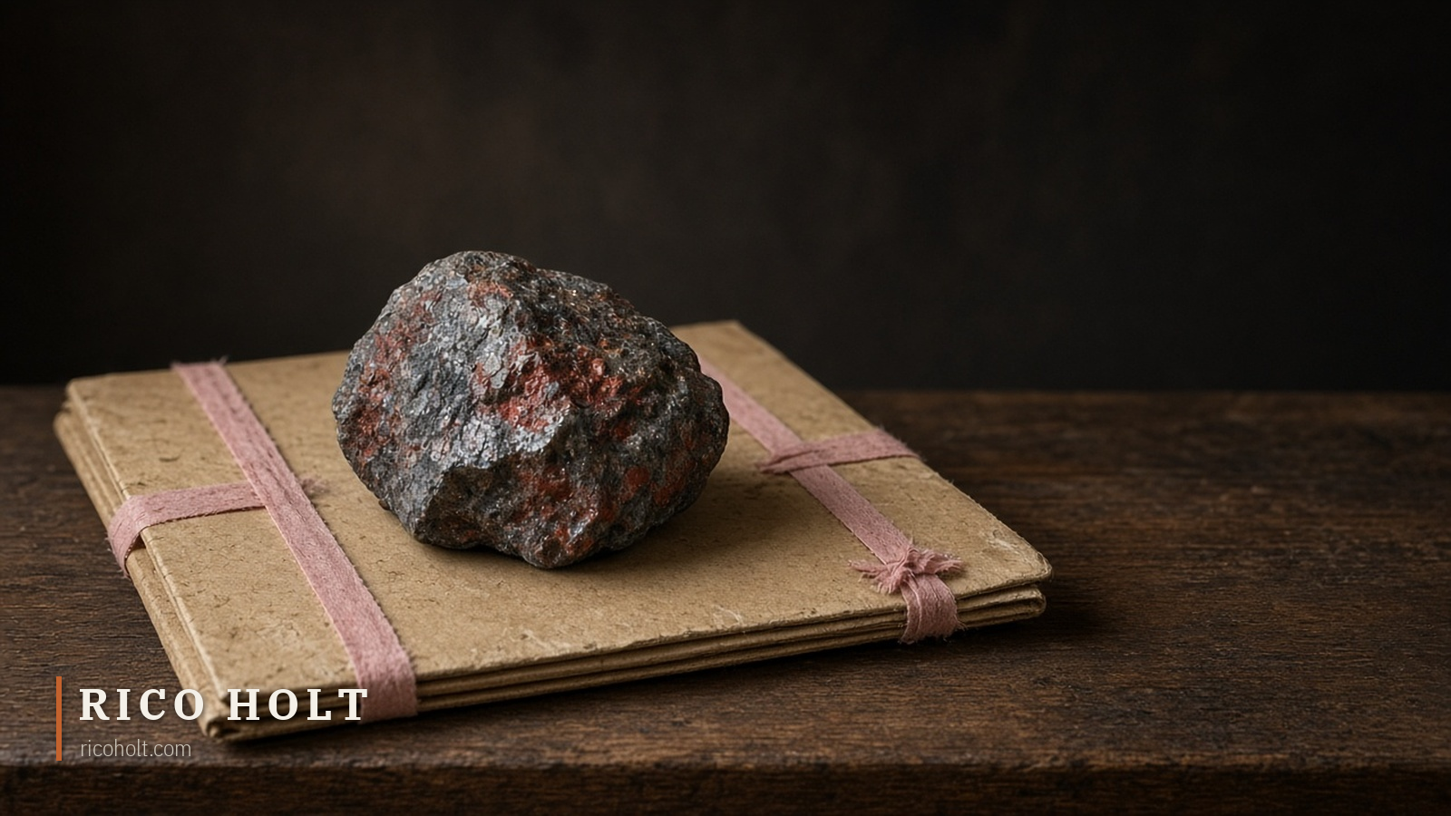 A lump of dark red haematite iron ore resting on a buff manila file tied with faded pink tape on a worn dark timber desk