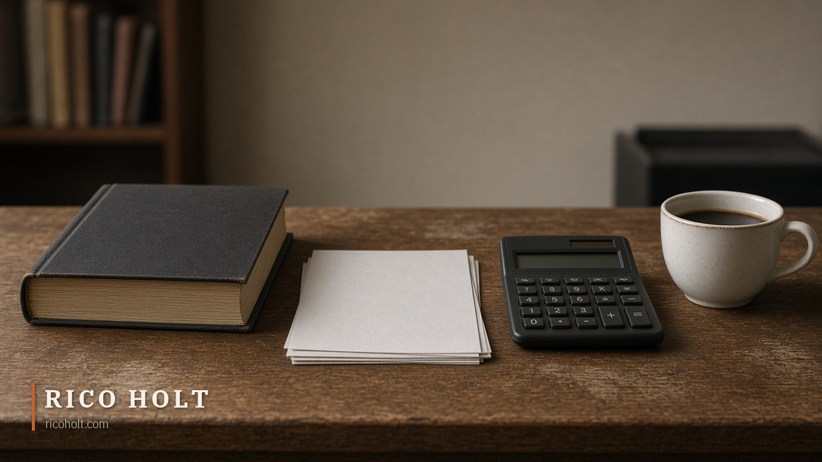 Plain dark cloth hardcover beside a short stack of blank papers, a calculator and a cup of coffee on a worn timber desk