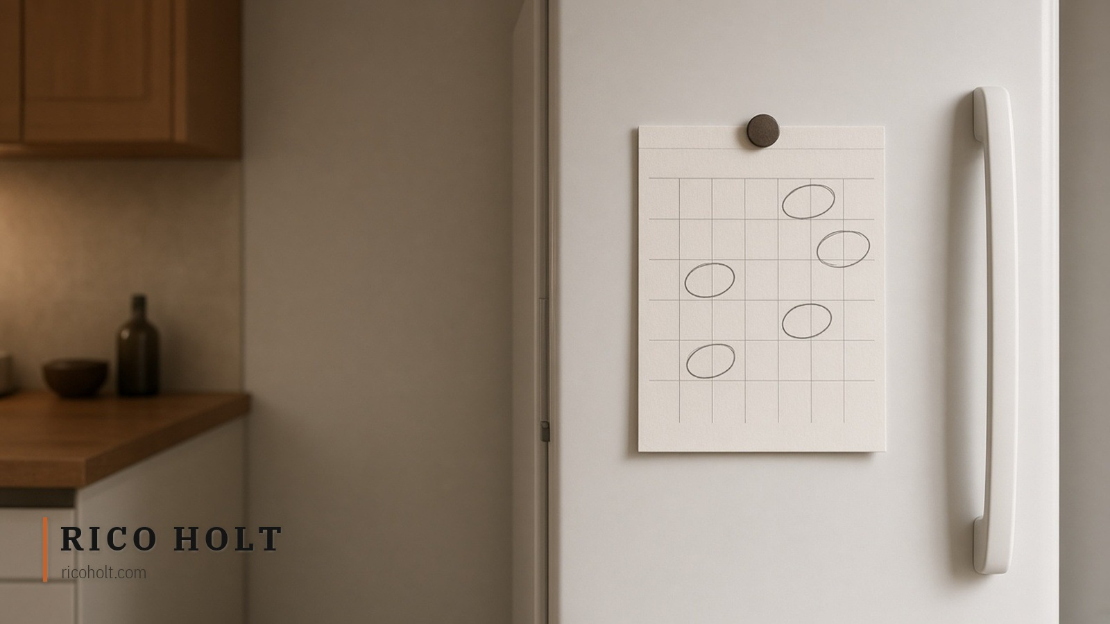 A paper wall calendar held to a white fridge door by a plain round magnet, with alternate weekends circled in pencil, beside a timber kitchen bench in soft afternoon light