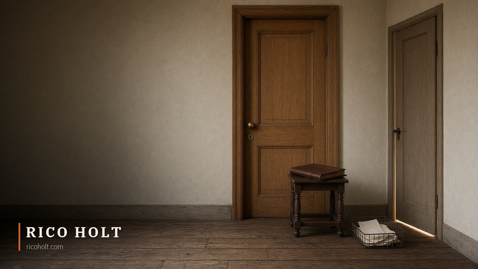 A wood-panelled wall with a tall closed oak door fitted with a large brass lock and a brass-cornered ledger on a stand beside it, and to its left a narrow plain side door standing slightly ajar, a thin line of warm light falling across the floorboards toward a wire tray of blank slips