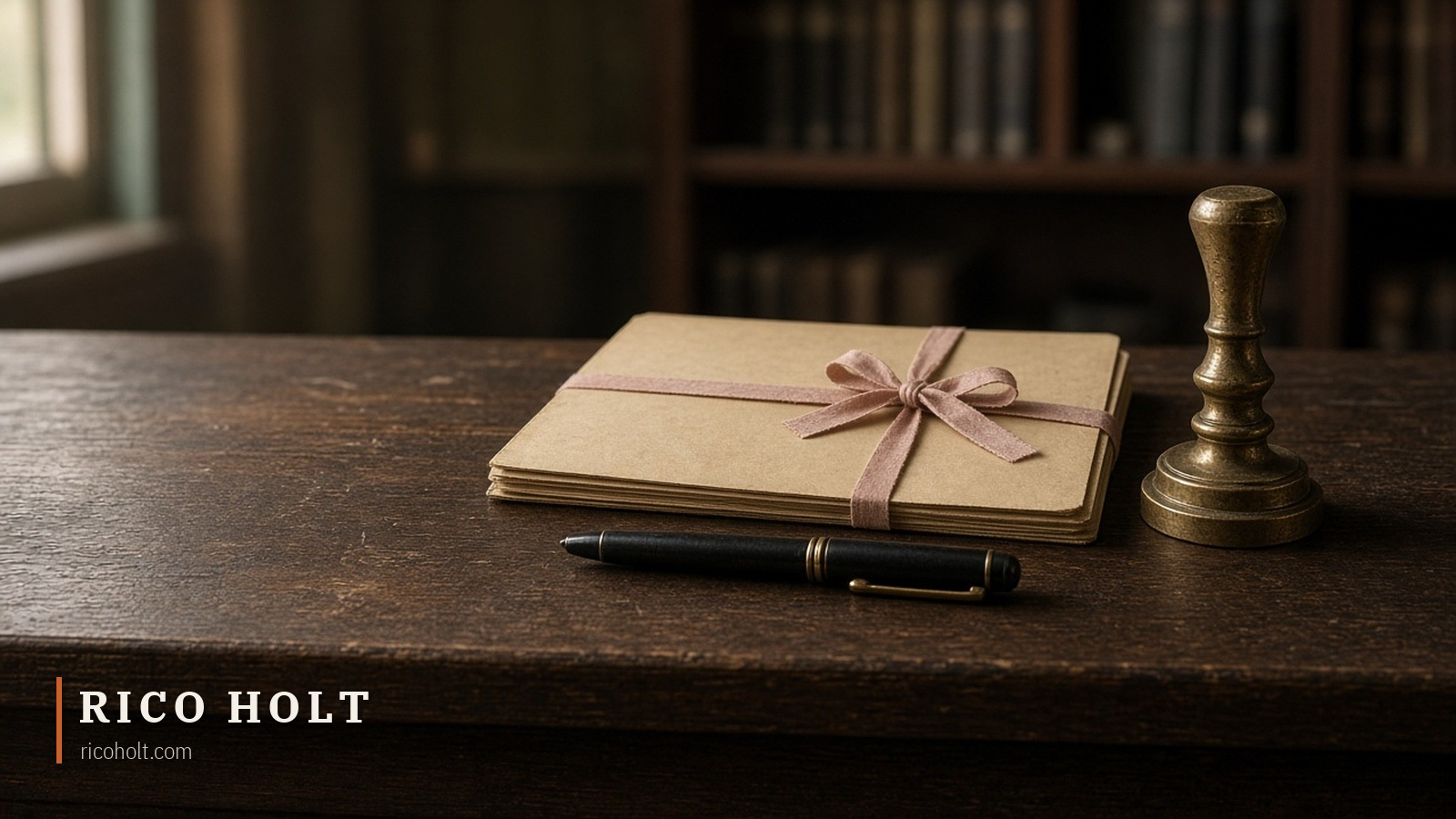 A closed buff manila file tied with faded pink cotton tape, a capped black fountain pen and an old brass rubber stamp on a worn dark timber desk in a quiet archive room