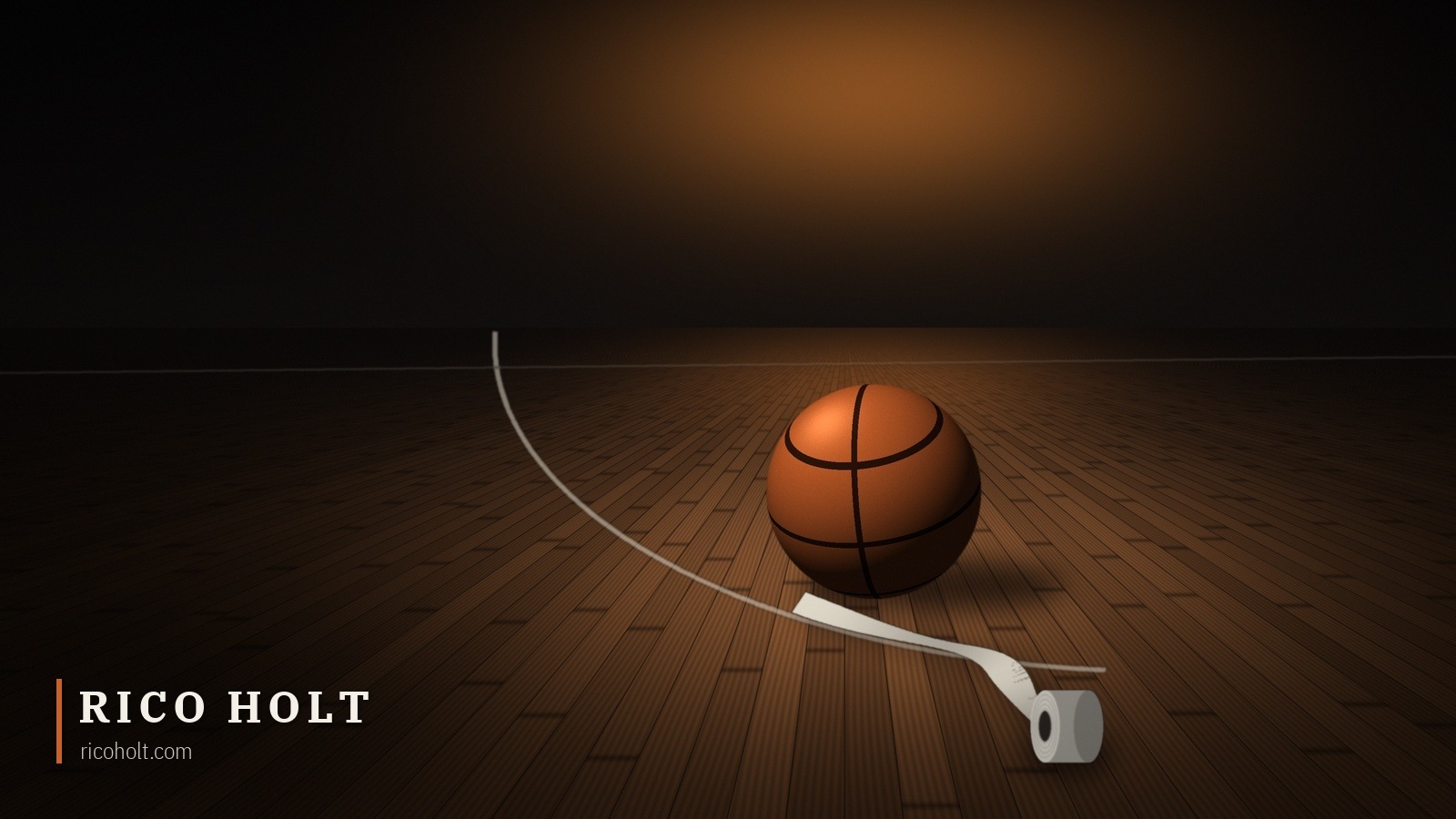 A stylised illustration of a lone basketball on a dark hardwood court under an amber scoreboard glow, with a loose strip of white wrist tape unrolling beside it