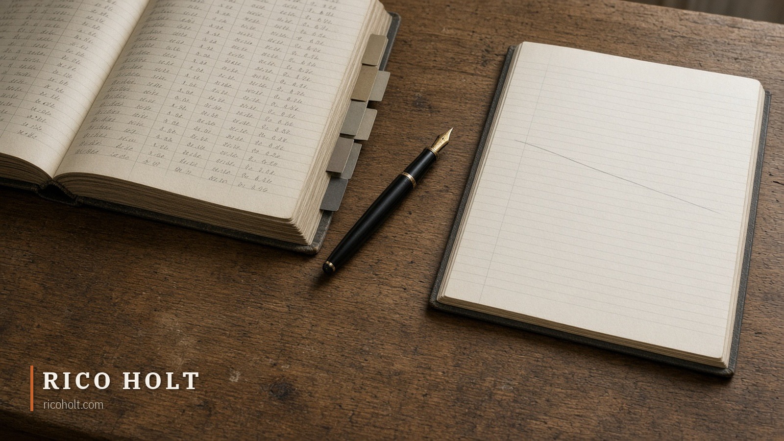 An open ledger and a thinner closed notebook on a bare wooden desk, with a pen between them