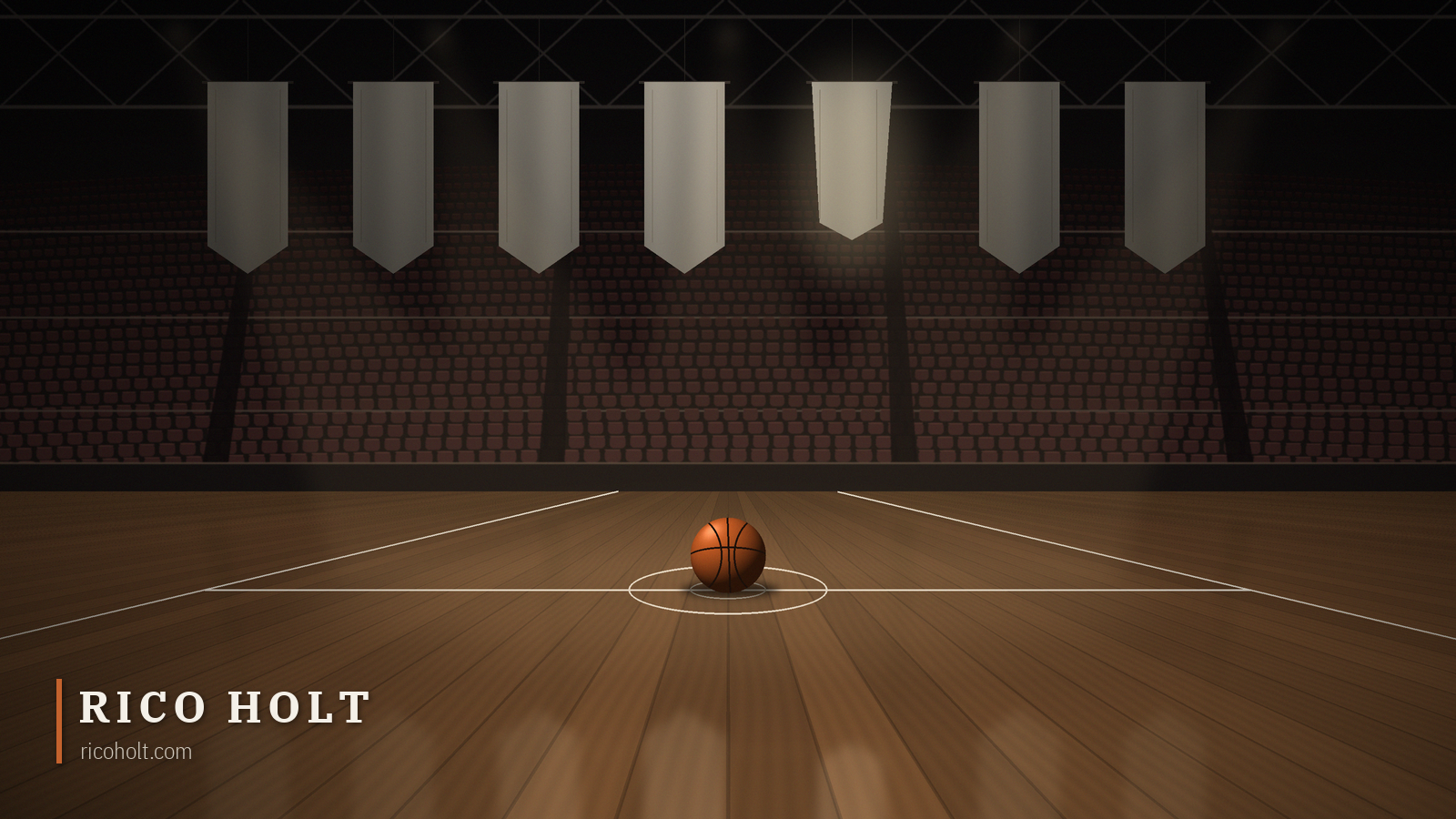 An empty basketball arena before tip-off, a ball resting on the centre circle under warm house lights, with plain blank banners hanging in the rafters