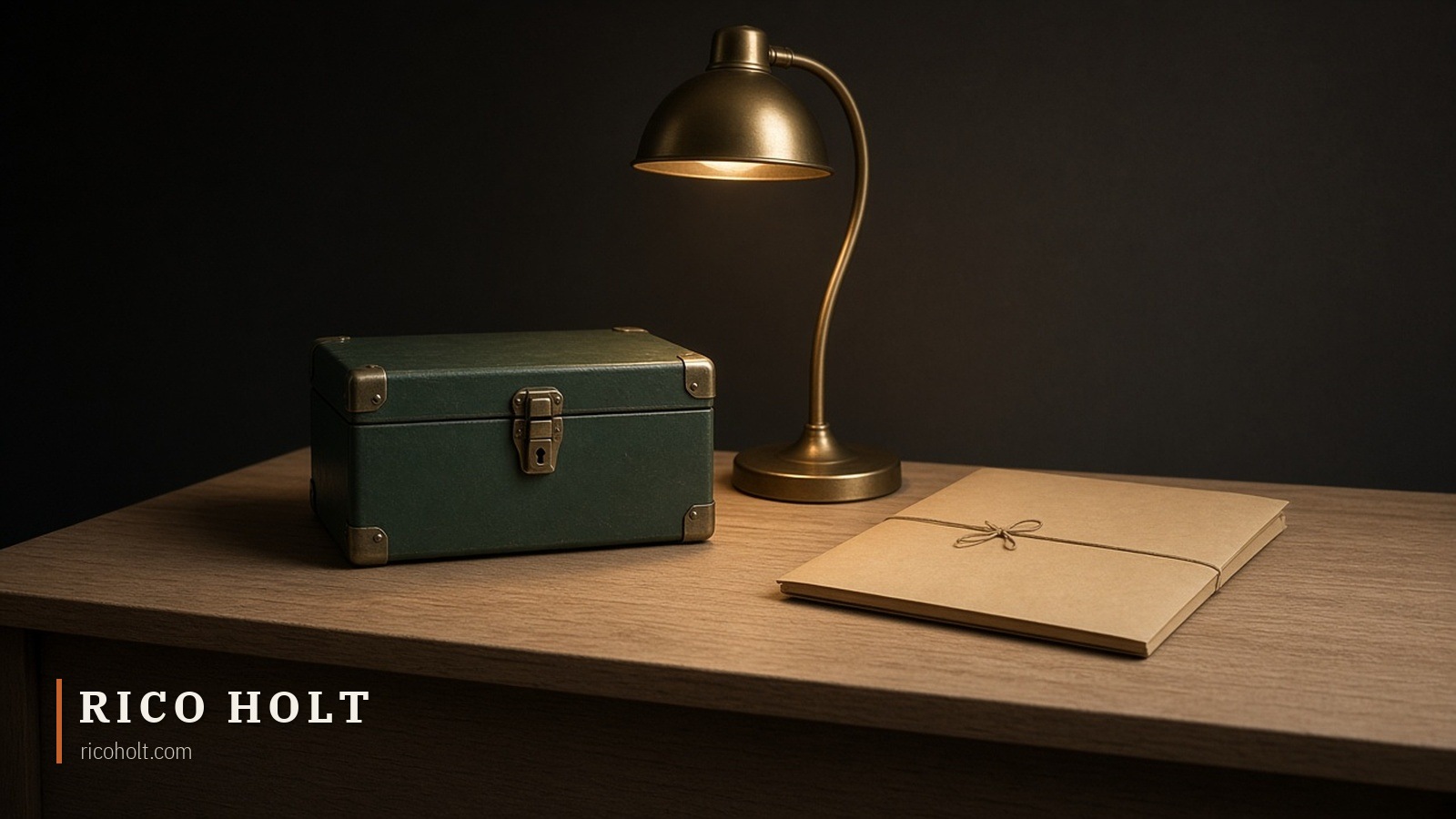 A small dark-green steel cash box locked with a brass padlock under a brass desk lamp, beside a manila folder tied shut with faded red string, on a pale oak desk against a cream plaster wall