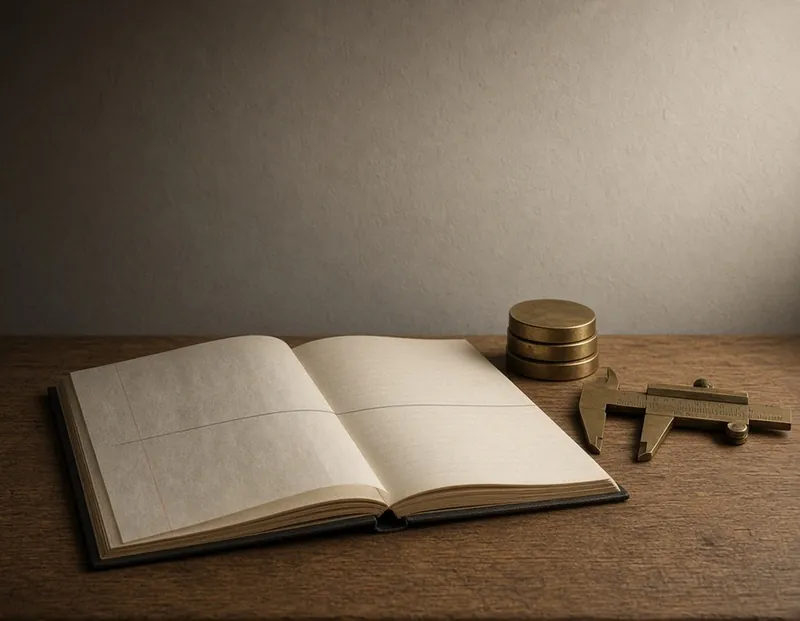 An open blank ledger on an old oak desk with a sheet of tracing paper over it and one pencil line drawn across both, beside a brass caliper and a short stack of plain brass discs under a brass desk lamp