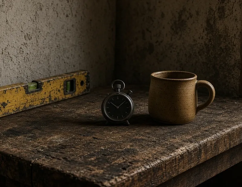 An old yellow spirit level, a black stopwatch and an ochre-toned ceramic mug on a worn timber workbench against a plain plaster wall
