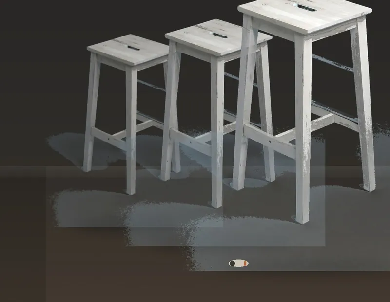 Three white stools of rising height on a dark floor