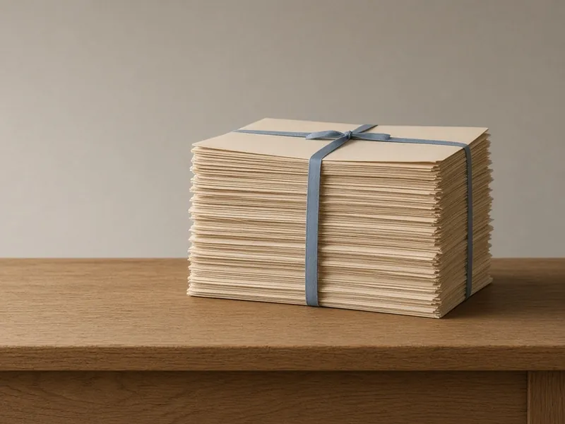 A strapped stack of papers on a table