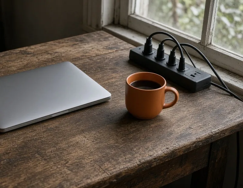 A closed grey laptop, a power board and an ochre mug on a worn desk