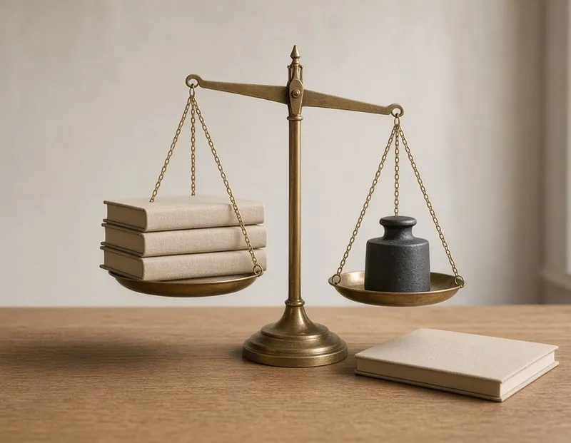 A brass balance weighing books against an iron weight