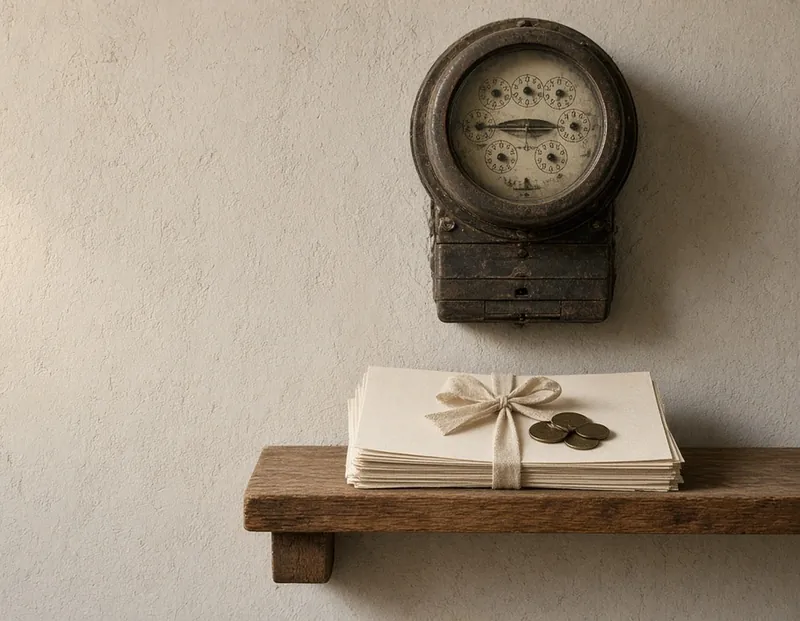 An old analogue electricity meter on a pale plaster wall above a stack of cream certificates tied with cloth tape on a timber shelf