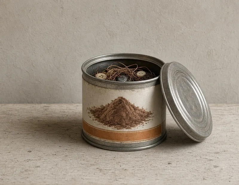 An open tin with a printed label on a stone bench