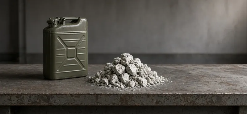 A jerry can beside a pile of pale ore on a steel bench