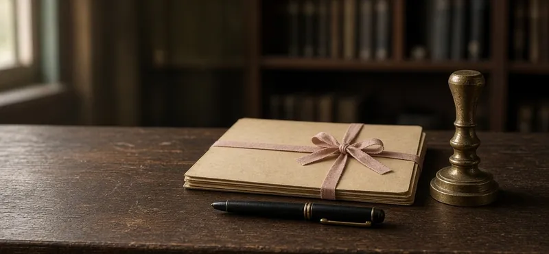 A tied manila file, a fountain pen and a brass stamp on a timber desk