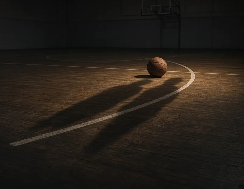 An empty basketball court at night with a lone ball near the three-point arc and two long shadows of unseen defenders falling across the floor