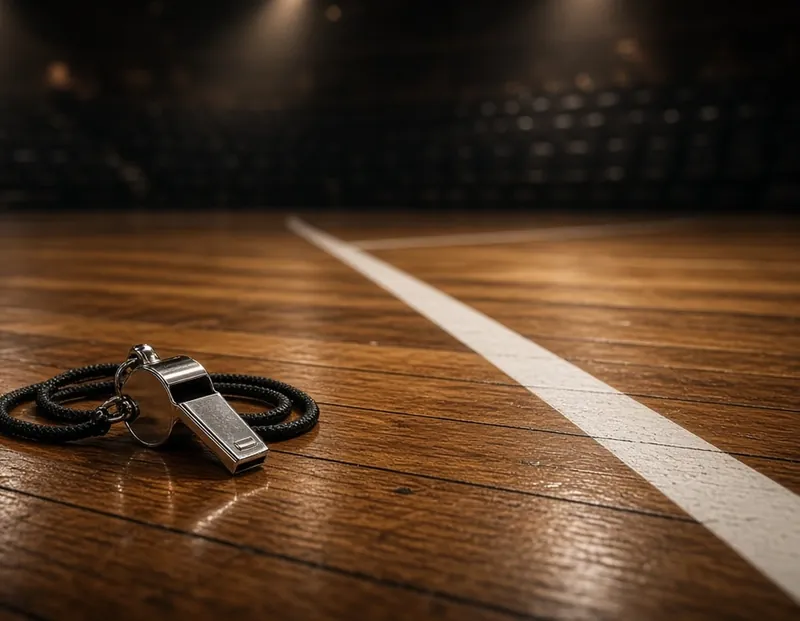 A metal whistle on a black cord lying on a polished basketball court