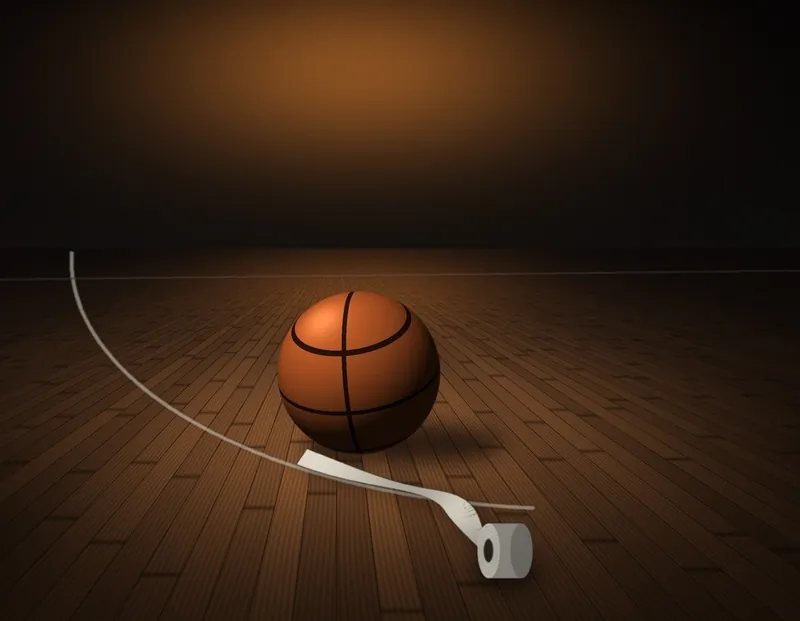 A stylised illustration of a lone basketball on a dark hardwood court under an amber scoreboard glow, with a loose strip of white wrist tape unrolling beside it