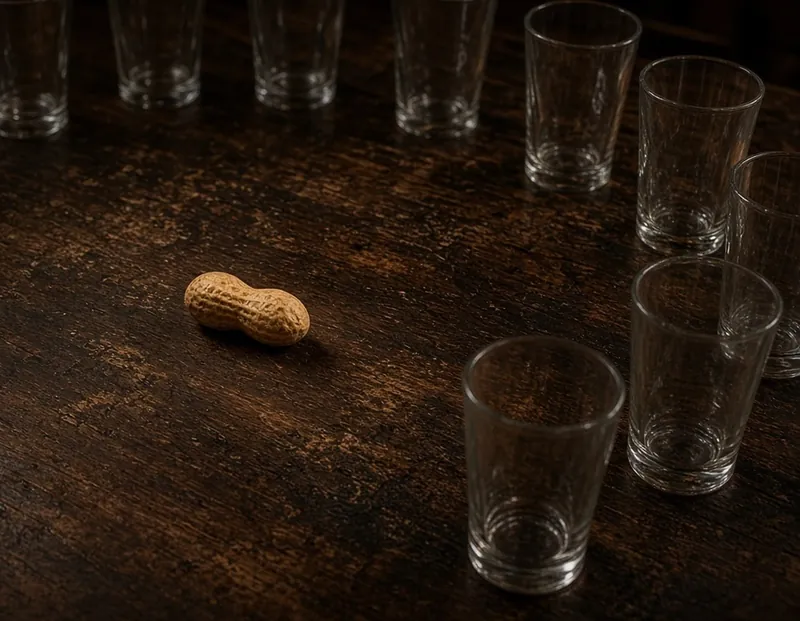 A single peanut surrounded by empty glasses
